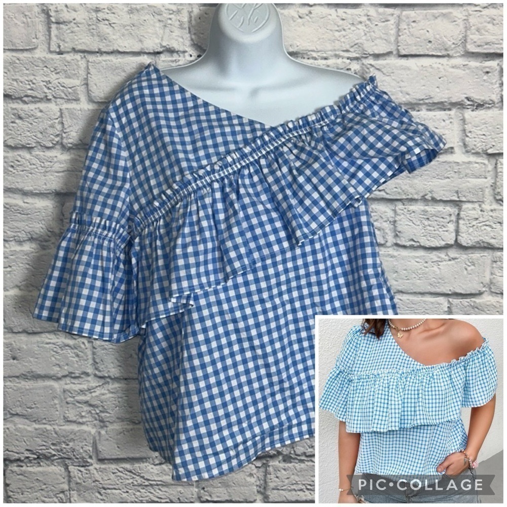 A.N.A Small Blue Asymmetrical Gingham One Shoulder Ruffle Blouse